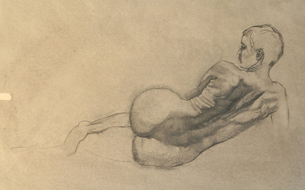 Reclining Siren, charcoal drawing of life model Lea by P. Brad Parker (quick study)