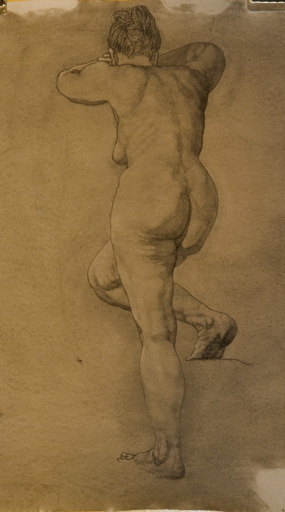 Dusk composition figure, Life Model Paula, rear view, charcoal drawing by P. Brad Parker