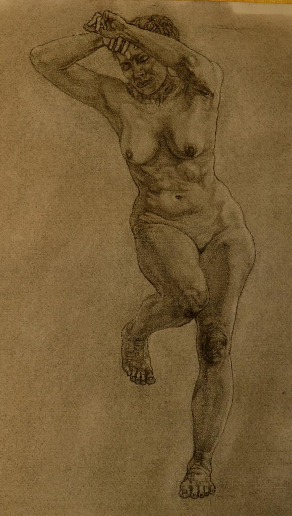 Dusk composition figure, Life Model Paula, frontal view, charcoal drawing by P. Brad Parker