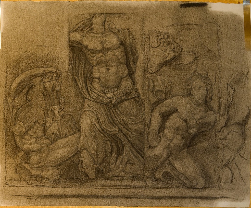 Portion of Pergamon Altar relief in the Pergamon Museum, Berlin, showing Zeus in combat; charcoal drawing of plaster cast in the Royal Cast Collection, Copenhagen, made on site by P. Brad Parker