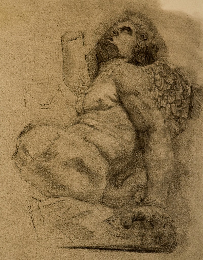 Tityos figure from the Pergamon Altar relief in the Pergamon Museum, Berlin; charcoal drawing made on site by P. Brad Parker