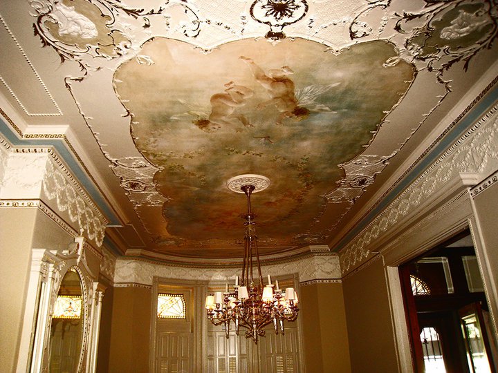 ceiling painting, and stucco molding, first floor, first room, Louis A Dieter, 1895, based in Washington D.C.