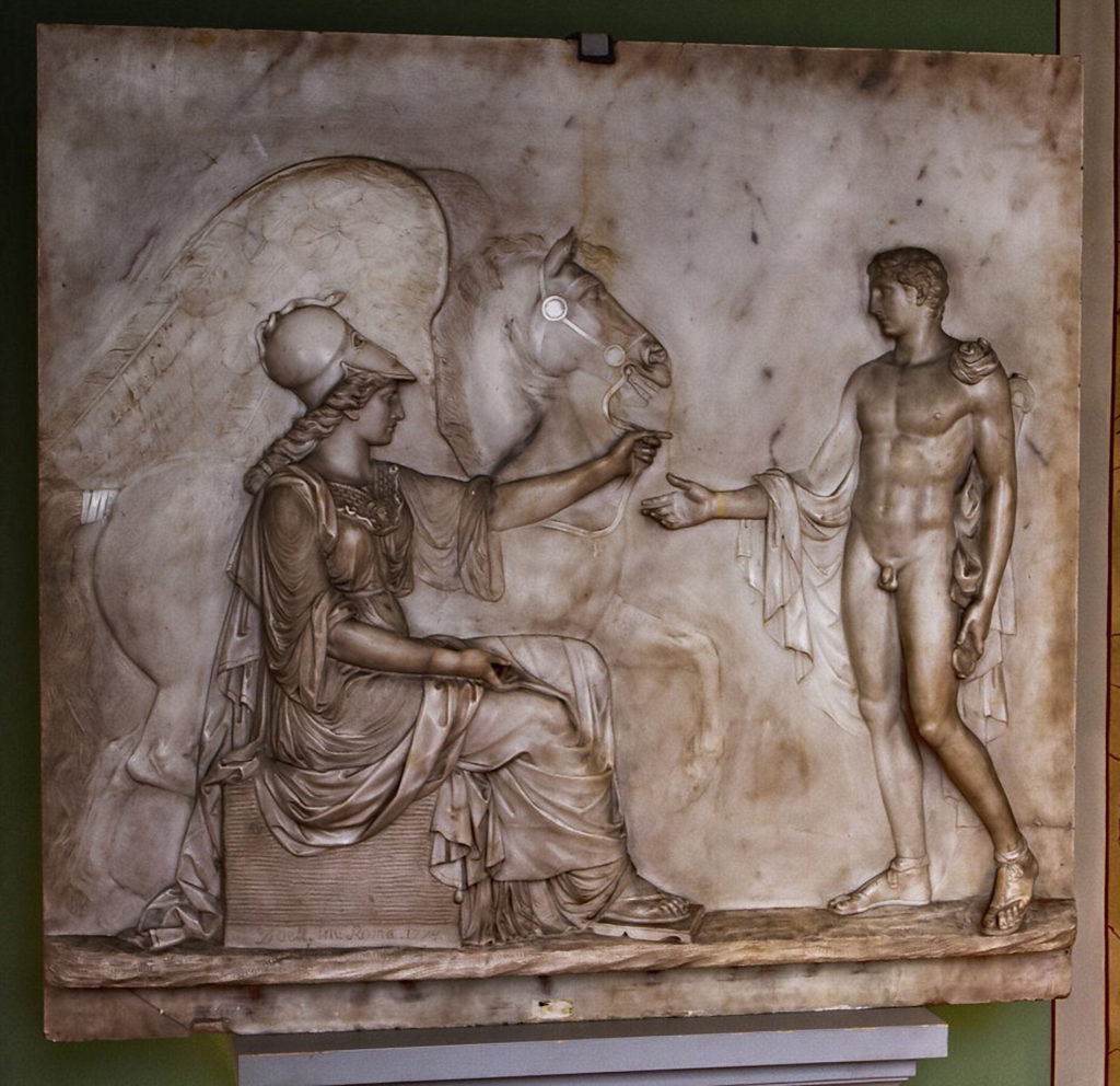 Frederich Wilhelm Eugen Doel - Minerva handing Pegasus over to Bellerphon, marble relief in Gotha, Thüringen