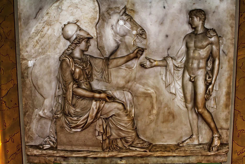 Frederich Wilhelm Eugen Doel - Minerva handing Pegasus over to Bellerophon, marble relief in Gotha, Thüringen