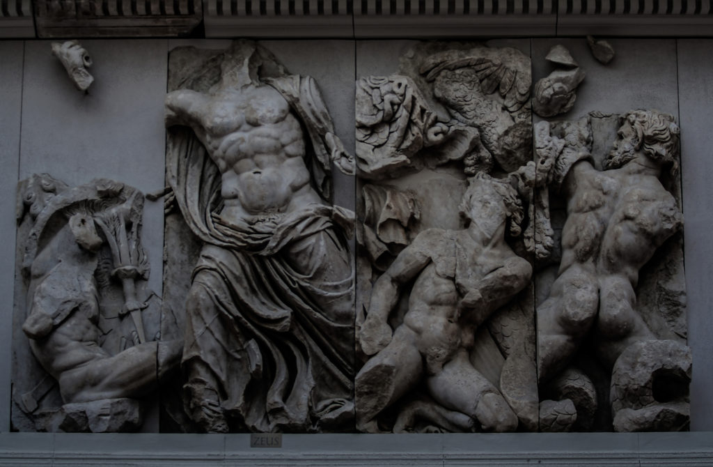 Great Frieze of the Pergamon Altar, 180-159 BC. East frieze. Zeus fights against two young Giants but also against their leader Porphyrion (right), 'Gigantomachy', the struggle between the gods and the giants, Pergamon Museum, Berlin