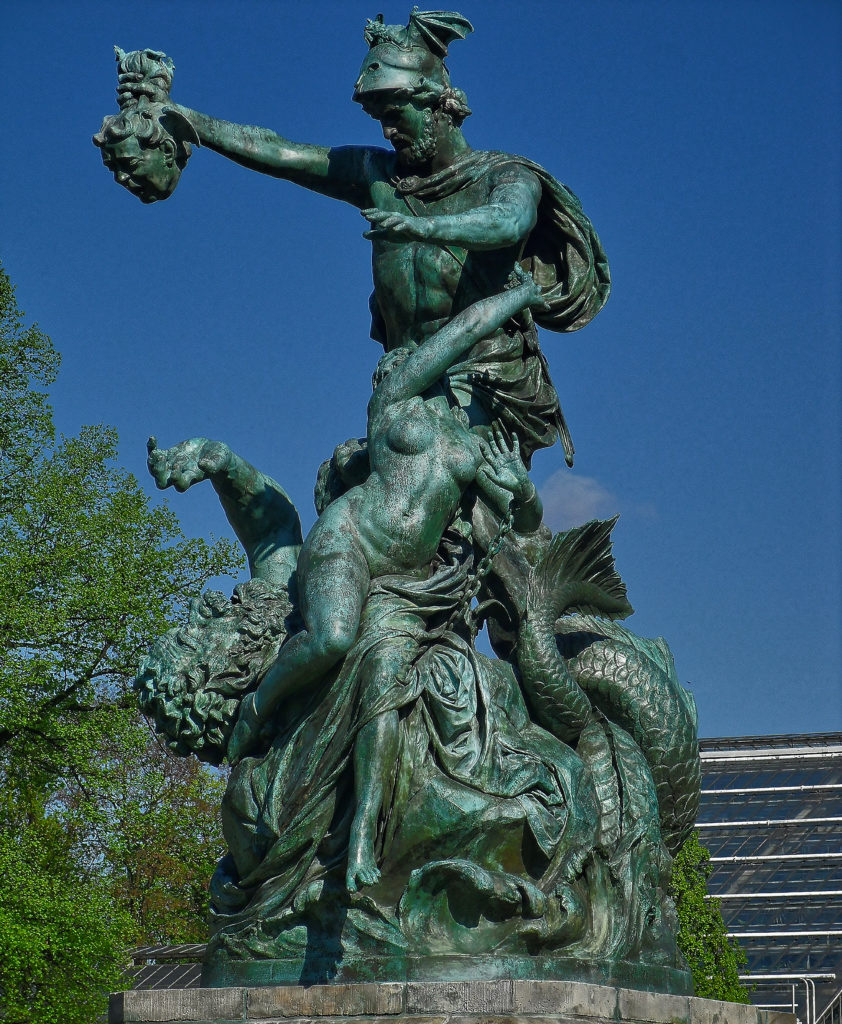 Johannes Pfuhl - bildhauer - Perseus befreit Andromeda ( Perseus liberates Andromeda ), Posen heute im Wilson-Park in Posen Genregruppe Bronze 1882